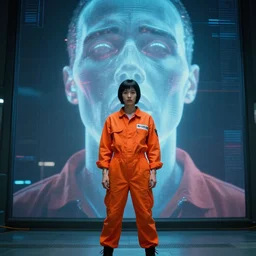 major motoko wearing an orange prison jumpsuit looks directly at the camera, large hologram of a screaming face dominates the background, photography by fred palacio medium full shot still from bladerunner 2 0 4 9, sci fi, bladerunner, canon eos r 3, f / 3, iso 2 0 0, 1 / 1 6 0 s, 8 k, raw, unedited