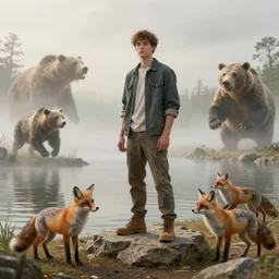 a young man made out of rock standing next to a lake with foxes and prehistoric bears running around in a foggy atmosphere