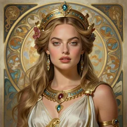Margot Robbie as a Greek War Goddess, cute, fantasy, intricate, elegant, highly detailed, digital painting, 4k, HDR, concept art, detailed jewelry, smooth, sharp focus, art by Artgerm and H R Giger and Greg Rutkowski and Alphonse Mucha