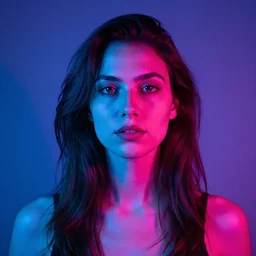 portrait of woman, neon portrait, low light, neon photography, by brandon woelfel
