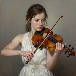 portrait of ellie from the last of us in a white dress playing the violin. by Daniel F. Gerhartz, hyperrealistic oil painting, 4k, very detailed faces, studio lightning