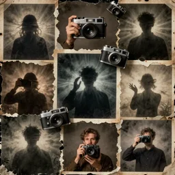 a chaotic collage of scanned old photographs swith people, ghostly silhouettes, strange poses, taken with soviet vintage flash camera, dark smudgy ghostly mystic foggy grainy gritty grunge torn paper texture, foggy depth map