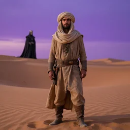 man wearing tan turban in the desert Tusken Raider Dune (2021) Witch-king of Angmar. Desert twilight purple sunset beautiful art by Roger Deakins Jeremy Saulnier Newton Thomas Sigel Robert Elswit Greig Fraser trending rtx on ue5