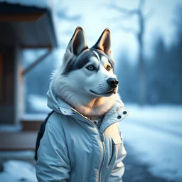 film still of an anthropomorphic standing upright man dog white jacket husky!!!!!! in a white jacket wearing a white jacket!!!!! in the new kids movie, 8 k