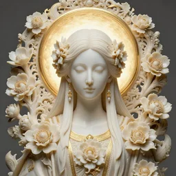 highly detailed mycelium priestess portrait, artgerm, peter mohrbacher, intricate carved ivory flower blooms, artstation, halo of light, gilding