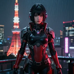 An epic comic hyperrealistic half body portrait anime painting of a cyber warrrior girl wearing futuristic wardrobe, black and reddis, ultradetailed face expression trending on artstation and artbreeder, cyberpunk 2077 color, heavy rainning at tokyo night, neon light rooftop, unreal 5, DAZ, 8k, unreal 5 engine render, cosplay, RPG portrait, final fantasy Vll world concept, dramatic lighting, rim lights, PS5 render quality