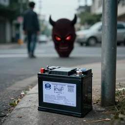 an evil car battery is waiting for a man around the corner