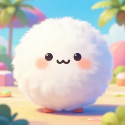 fluffy ball of fluff with a cute face, smile, colorful summer, digital art