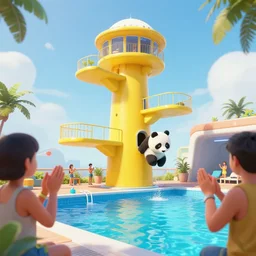 scene at the yellow jumping tower of a swimming pool. a panda bear is jumping into the swimming pool from the 1 0 m high tower platform. people are applauding. cyberpunk rendering unreal engine 8 k