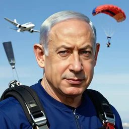 benjamin netanyahu skydiving, plane and parachute in background, by norman rockwell, highly detailed, sharp face