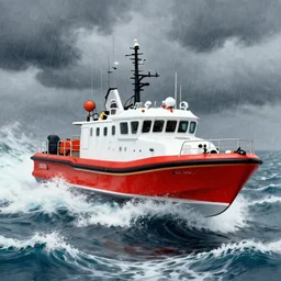 concept drawing of red and white coastguard rescue craft hovering over tumultuous sea in a storm. trending on artstation, 8 k hd, detailed, intricate.