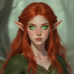 a beautiful elf Druid girl with red hair and glowing green eyes , trending on ArtStation , concept art by greg rutkowski