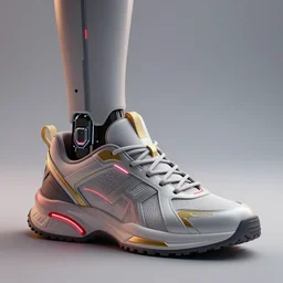 realistic 3 d render of a cyberpunk android foot wearing sneakers, beautiful studio lighting, soft, sharp focus, neon cyberpunk highlights, intricate detail, gold and red accents, soft rubber, octane render, side view, close up, trending on artstation, deviantart