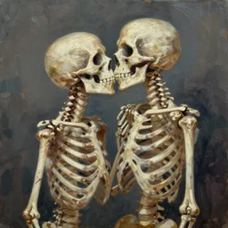 skeleton couple kissing, oil painting