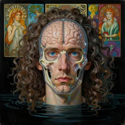 realistic extremely detailed portrait painting of an average man with exposed clear plastic brain case and long curly hair, retro futuristic ,floating in black water , by Jean Delville, Amano, Yves Tanguy, Alphonse Mucha, Ernst Haeckel, Edward Robert Hughes, Roger Dean, and greg rutkowski and alphonse mucha, rich moody colors, blue eyes,octane render,4k,f32,