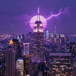 a futuristic photo - realistic new york city in shiny crystalline, purple lightening : 1 2, octane render, clouds : 5, violet sun : 9, in the style of sahm : 2 8, hd, ultra - realistic, hyper - realistic, digital art,