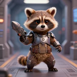 3 5 mm photo of furry rocket the raccoon standing in the hallway of a space ship from guardians of the galaxy, wearing mass effect armor, holding a rocket launcher, soft volumetric lighting, cinematic, ridley scott, closeup portrait, confident action pose, octane