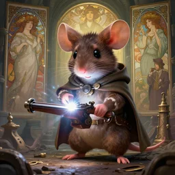 highly detailed portrait of a cute mouse in sewer city welding hand crossbow with cloak, stephen bliss, unreal engine, fantasy art by greg rutkowski, loish, rhads, ferdinand knab, makoto shinkai and lois van baarle, ilya kuvshinov, rossdraws, tom bagshaw, alphonse mucha, global illumination, radiant light, detailed and intricate environment