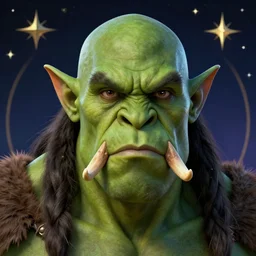 centralized head - on character portrait, green - skin handsome orc barbarian, bald, tusks, stars and night background, alphonse mucha, rhads, ross tran, artstation, artgerm, octane render, 1 6 k