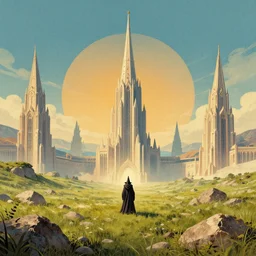 the single wizard's magical spire, rocky grass field, grand landscape building art by donato giancola and greg rutkowski, vintage retro, digital art, trending on artstation, symmetry!!, epic composition