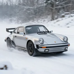 a silver 1 9 9 0 porsche 9 1 1 racing through the snow, artistic, photo, motion, 4 k, artstation