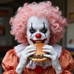 cotton candy haired clown with large mouth eating a hamburger, detailed, scary, stranger things, exorcist