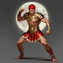 elegant full body portrait of a athletic muscular angry roman soldier in fighting stance, red roman soldier skirt with white tips, gold shoulder armor piece, piercing bright red eyes, fantasy, intricate, short red hair, highly detailed, digital painting, artstation, concept art, tight spandex, smooth, sharp focus, illustration, matte, dramatic, full moon, art by artgerm, in the style of greg rutkowski and alphonse mucha, mark brookes, jim burns, tom bagshaw, artstation