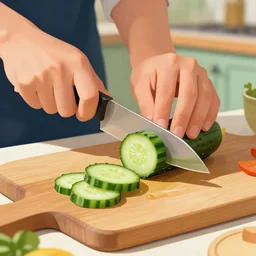 knife cutting cucumbers on a wooden cutting board in a country kitchen, concept art, illustrated, highly detailed, high quality, bright colors, optimistic,