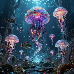 high quality photo of cinematic underwater dystopian futurist city ruins with giant bioluminescent multicolored mutant fish and cyborg jellyfish, masterpiece, aykut aydogdu, very dramatic volumetric light, long shot, ground angle uhd 8 k, deep focus