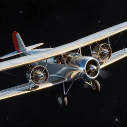 shiny 50s bimotor plane flying in space, stars in the background, 4k high resolution photography, intricate details, award winning space photography
