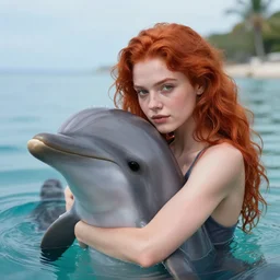 a portrait of a red headed young woman hugging a dolphin in a scenic environment, by Kawacy