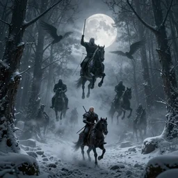 the wild hunt, unholy spectres riding in the sky, bad omen, enchanted forest, blizzard storm, fog, full moon, snowy environment, in the style of the witcher series, hyperrealism, breathtaking, award winning, groundbreaking, octane render, unreal 5, intricate digital art, 8 k high resolution