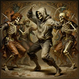 a skeleton, wearing a baggy hoodie, dancing with his crew, dance battle, historical, intricate, highly detailed, dynamic lighting, digital art, digital painting, artstation, wlop, sharp focus, illustration, art by artgerm and greg rutkowski and alphonse mucha