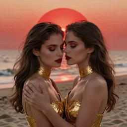 woman love woman, sweet hugs, gold trim, atmoshperic, elegant, sharp focus, sand sea, red sun, huge lips, by ilya ozornin, trending on artstation, intricate details