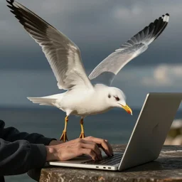 a seagull angrily typing on a laptop