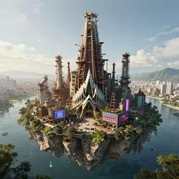 a beautiful photorealistic rendering of building city industrial architecture architecture nature abandoned tower urbex by salvador dali, fisheye forest architecture island nature earth neon signs assassin's creed, archdaily, wallpaper, highly detailed, trending on artstation.
