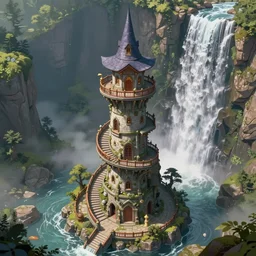 wizard tower surrounded by a spiral staircase. Tower standing at the edge of a waterfall. Detailed gorgeous digital art, trending on artstation