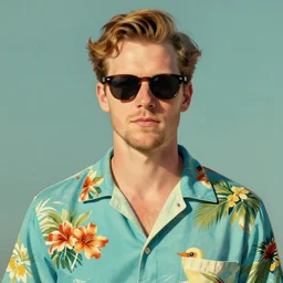 portrait of a man with sunglasses wearing an hawaiian shirt, by louis wain, simon stalenhag, trending on artstation