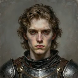 portrait painting of a pale serious young man with soft face and medium brown wavy hair wearing armor, ultra realistic, small orbit, concept art, intricate details, eerie, highly detailed, pursed lips, melancholy expression, photorealistic, wide upturn nose, prominent chin, octane render, 8 k, unreal engine. art by artgerm greg rutkowski alphonse mucha