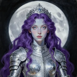 painting of prophetess of the moon, silver filigree armor and tiara, moon above head, purple wavy hair, translucent skin, wide striking eyes, beautiful! coherent! by brom, by junji ito, by brian froud, strong line, high contrast, muted color, preraphaelite style, 4 k, trending on artstation