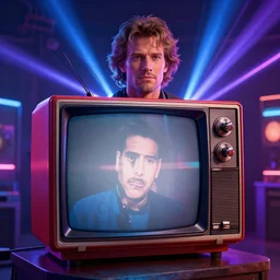 a hyperrealistic 3 d render of max headroom on a vintage tv, octane render, unreal engine, 8 k, photorealistic, trending on artstation, ultra detailed, volumetric lighting, dramatic lighting, lasers, neon