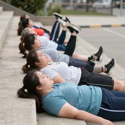 some slightly overweight girls on a row resting, with their feet up, outside, 8k,