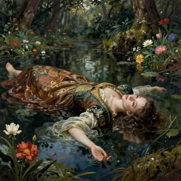 artistic painting, wide angle, side view, medieval princess, ophelia, wearing ornate robes, beautiful eyes and lips, drowned, floating supine in a forest pond, flowers, art by artgerm and wlop and brom, highly detailed, 8 k, cinematic, digital painting, sharp focus, illustration, masterpiece