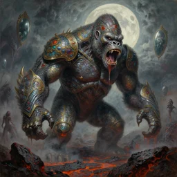 concept art of giant metal gorilla, lava rocks, lovecraftian, renaissance, roaring, melting horror, round moon, rich clouds, fighting the horrors of the unknown, mirrors, very detailed, volumetric light, mist, grim, fine art, decaying, textured oil over canvas, epic fantasy art, very colorful, ornate scales, anato finnstark