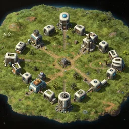 offset overhead view of a small colony, with buildings made from modular capsules, on an alien grassland, on an alien planet, from a space themed point and click 2 d graphic adventure game, set design inspired by hg giger and ridley scott and tomb raider, art inspired by thomas kinkade