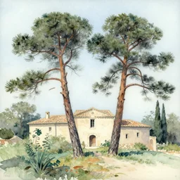 Jean PESKÉ (1870-1949) Magnificent watercolour depicting two large pine trees in front of a Provencal Mas, light blue watercolour, 4k high Detail, Cubism