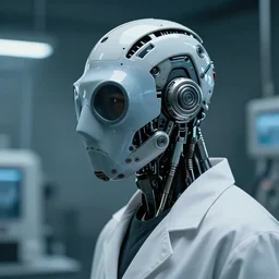 a half masked laboratory engineer man with cybernetic enhancements seen from a distance, scifi character portrait by greg rutkowski, craig mullins, 1 / 4 headshot, cinematic lighting, dystopian scifi gear, profile picture, mechanical, cyborg, half robot