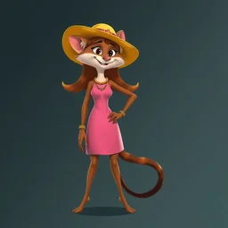 detailed flat 2 d : female marten character : wearing jewelry : wearing a pink dress : wearing yellow hat : head torso legs feet : lorax movie : artstation