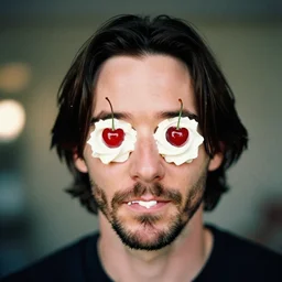 a photo portrait of keanu reeves made out of whipped cream with cherries as eyes, 2 0 0 mm lens, shot on film, hyperrealism, bokeh