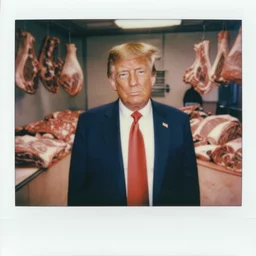 close up portrait of donald trump standing close to camera, room made of full of raw meat, butchery floor, cinematic focus, polaroid photo, vintage, neutral dull colors, soft lights, dramatic, by oleg oprisco, by thomas peschak, by discovery channel, by victor enrich, by gregory crewdson